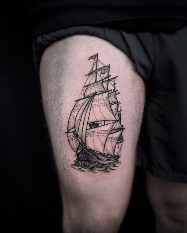 Ship Tattoo by Adam LoRusso artist black and grey boston ship tattoo
