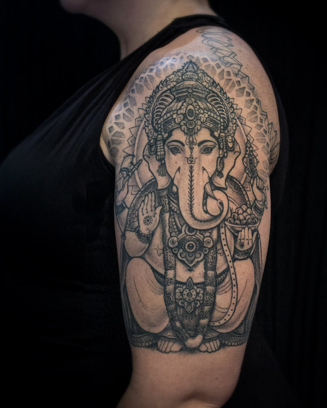 Ganesh Tattoo by Adam LoRusso artist black and grey boston ganesh tattoo