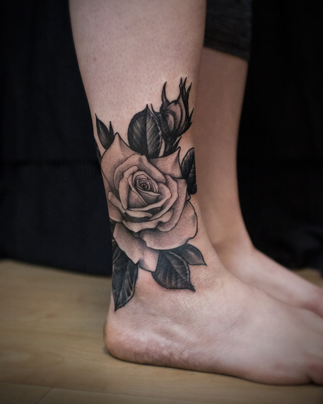 Rose Ankle Tattoo by Adam LoRusso artist black and grey boston rose tattoo