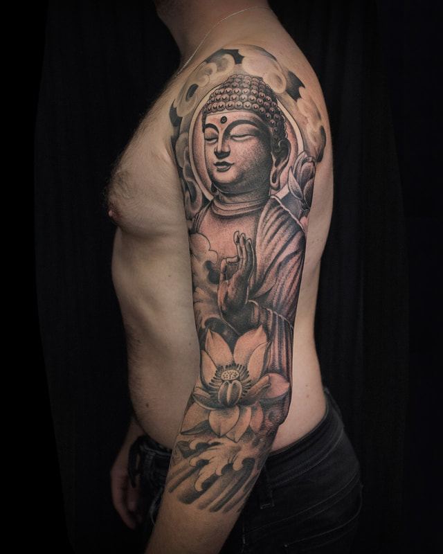 Buddha Tattoo by tattoo artist Adam LoRusso Last Light Tattoo Studio Medford Massachusetts